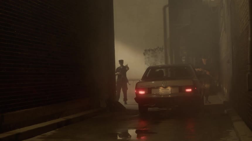 Car drives along alley and stops to be inspected by armed men