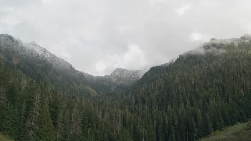 Clouds hover over a forested mountain range