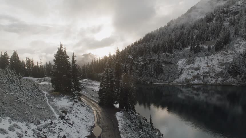 An aerial view of a mountain lake in winter