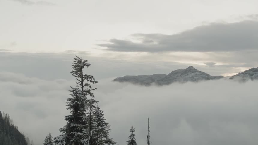 Thick fog fills a mountain valley