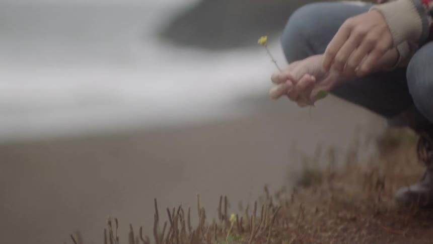 A woman picks a weed from the ground
