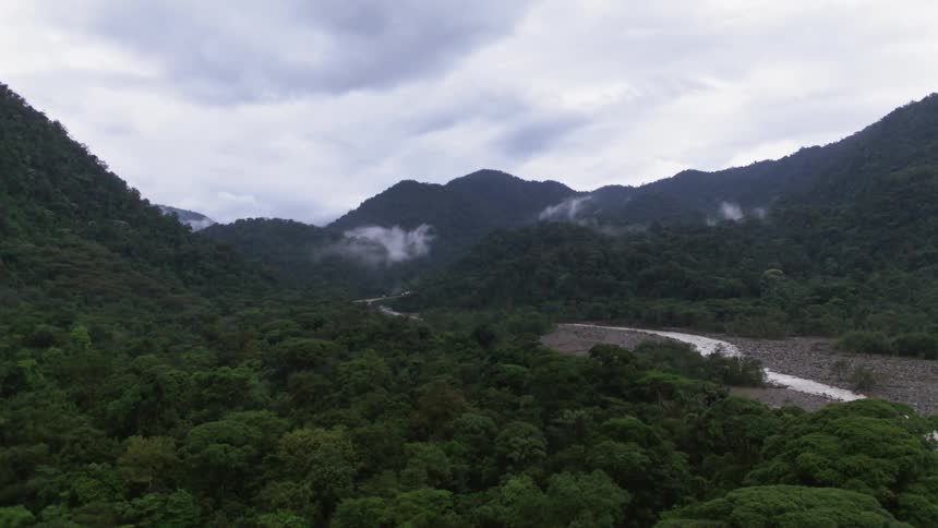 A river snakes through a forested valley