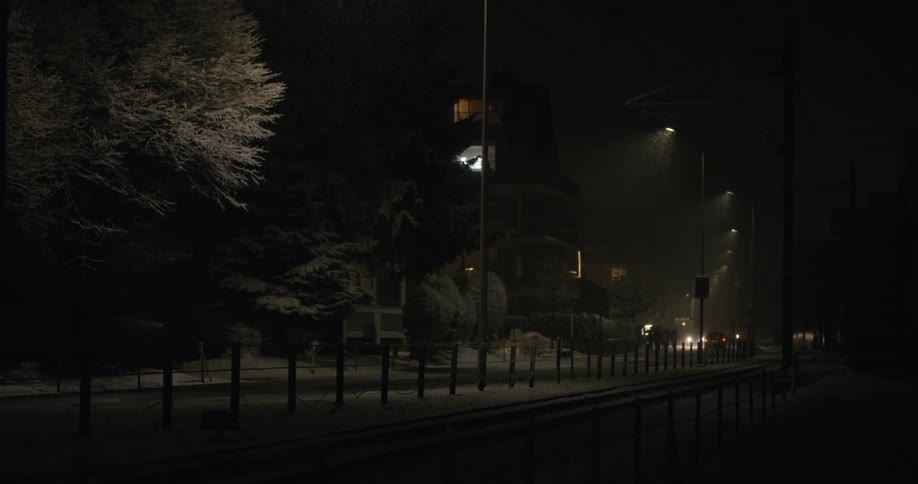 Headlights and taillights shine in the distance on a snow dusted road lined with posts