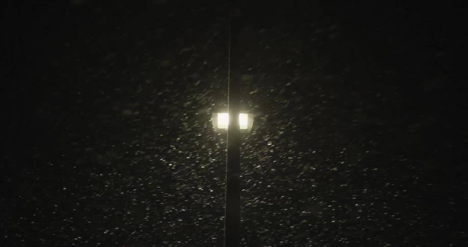 Snowflakes past an outdoor light standard
