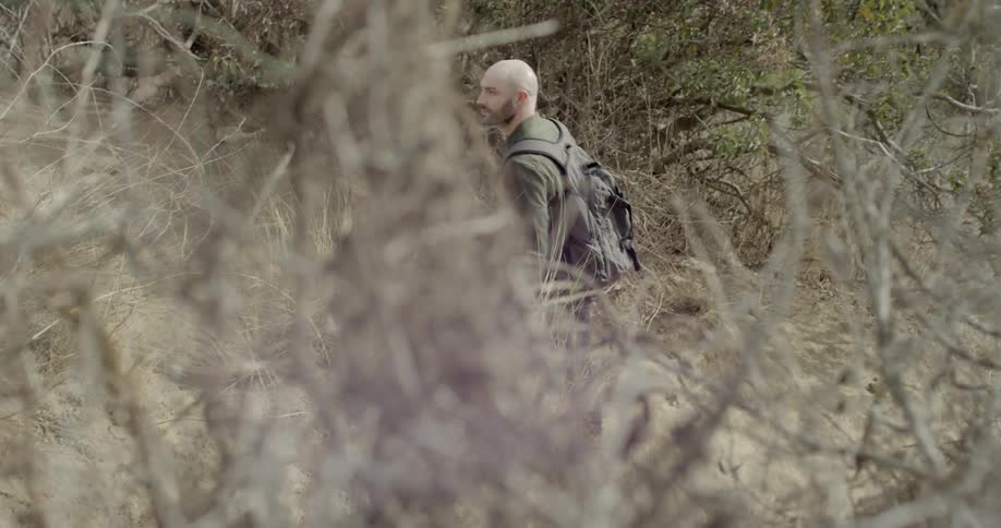 A man hikes up a path in between trees