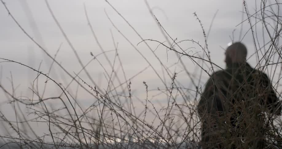Man walking along grasses near city