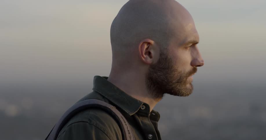 A bald caucasian man looking out over a landscape