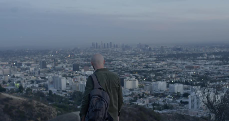 A bald man with a beard stands atop a hill overlooking a sprawling city with several sky scrapers in its downtown area off in the distance