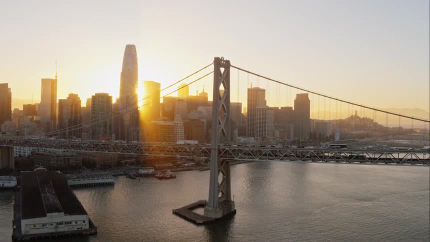 Aerial view of city skyline at sunset