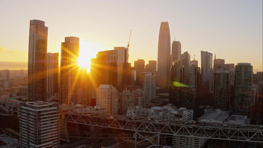 Aerial shot of a city at dusk