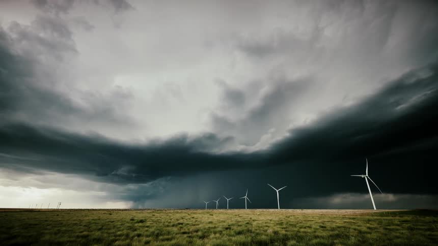 Wind turbines spin on a grassy plain