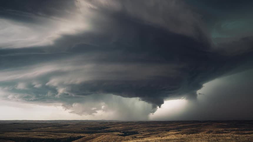 Tornado supercell storm rolls through the plain with lighting