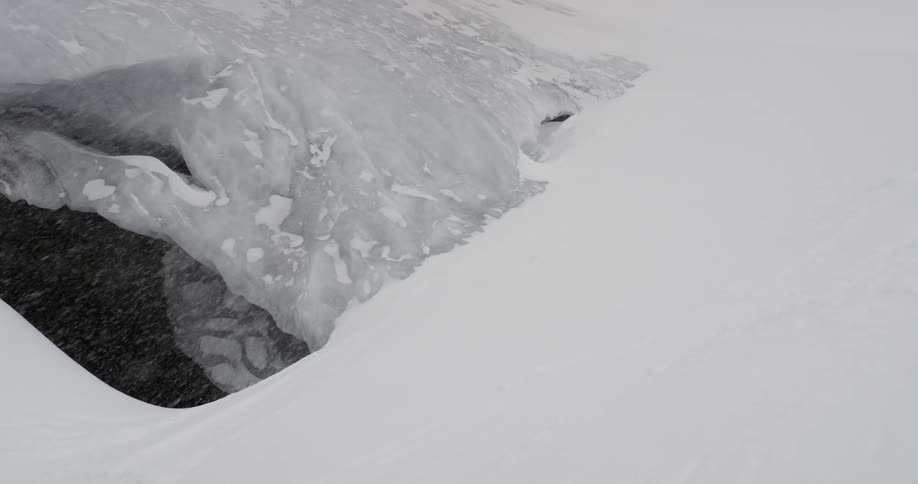 Strong winds snow across snowy and icy grounds