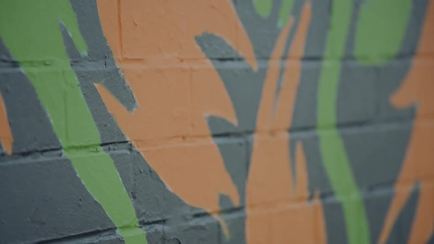 Images are painted on a brick wall outdoors