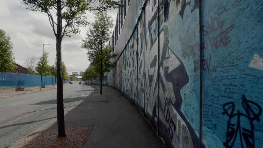 A sidewalk is line with trees and a tall wall covered in graffiti