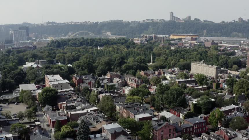 A forested park sits int he middle of a city