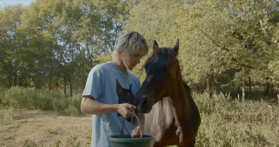Long hair blonde man feeds brown horse on the farm during daylight