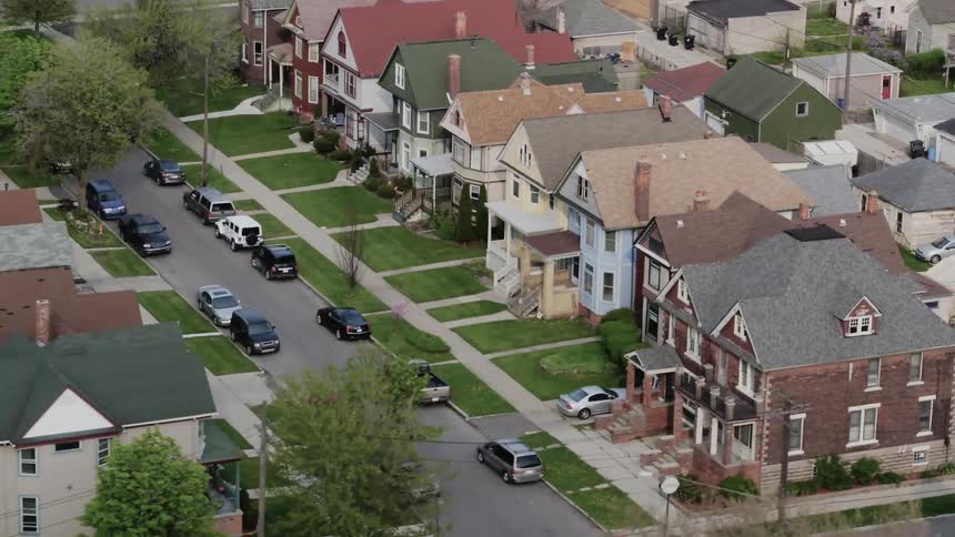 Colorful rows of homes in a suburban neighborhood