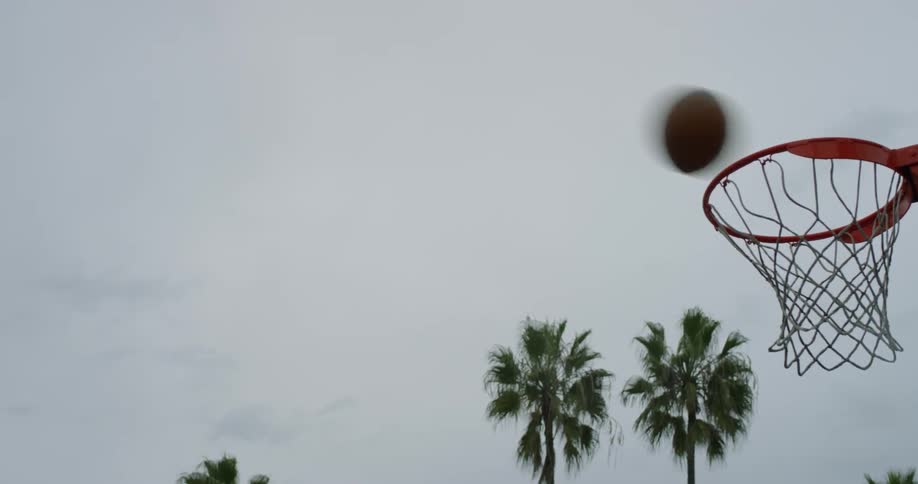 Basketball falls through hoop hitting net