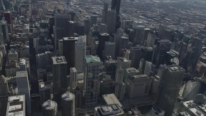 An aerial view of skyscrapers in a large city
