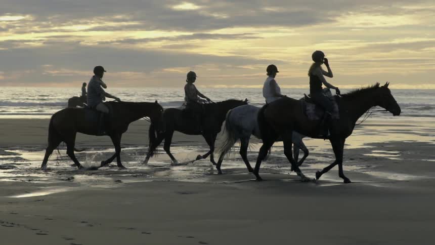 A serene beach scene with a wide stretch of sand and gentle waves rolling in.