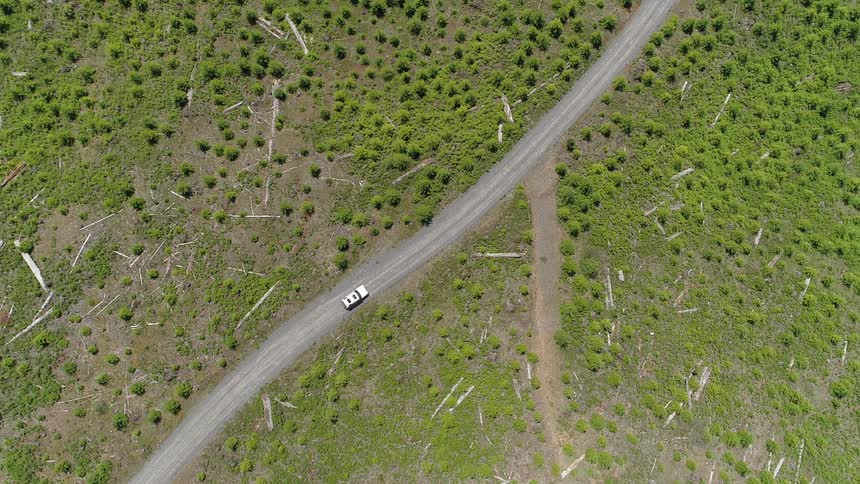 A car drives through on a desolate road