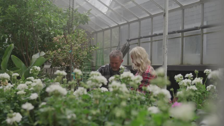 A man and a woman sitting in a greenhouse with flowers and plants