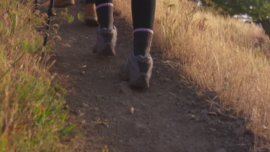 Hikers walk up a hill on a dirt path with hiking sticks