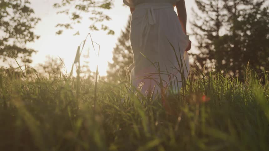 Woman wearing white dress walks on the grass under the tree at sunset