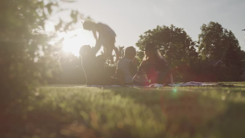 A family is playing together in an open grass area