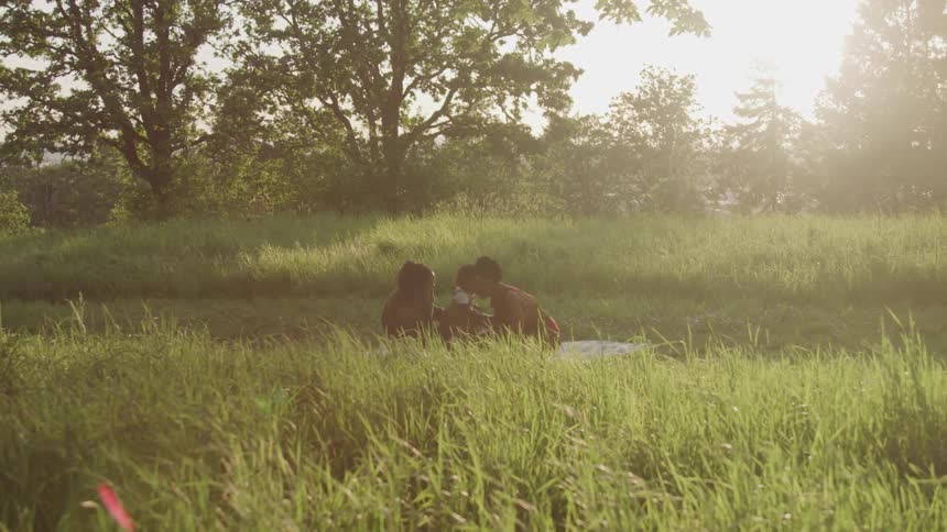 Family enjoys picnic at sunset