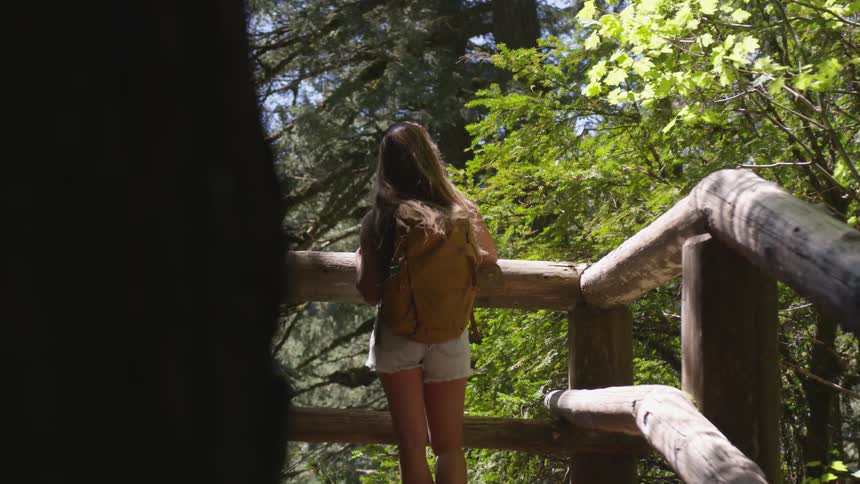 Woman wearing backpack stands near banister made from logs