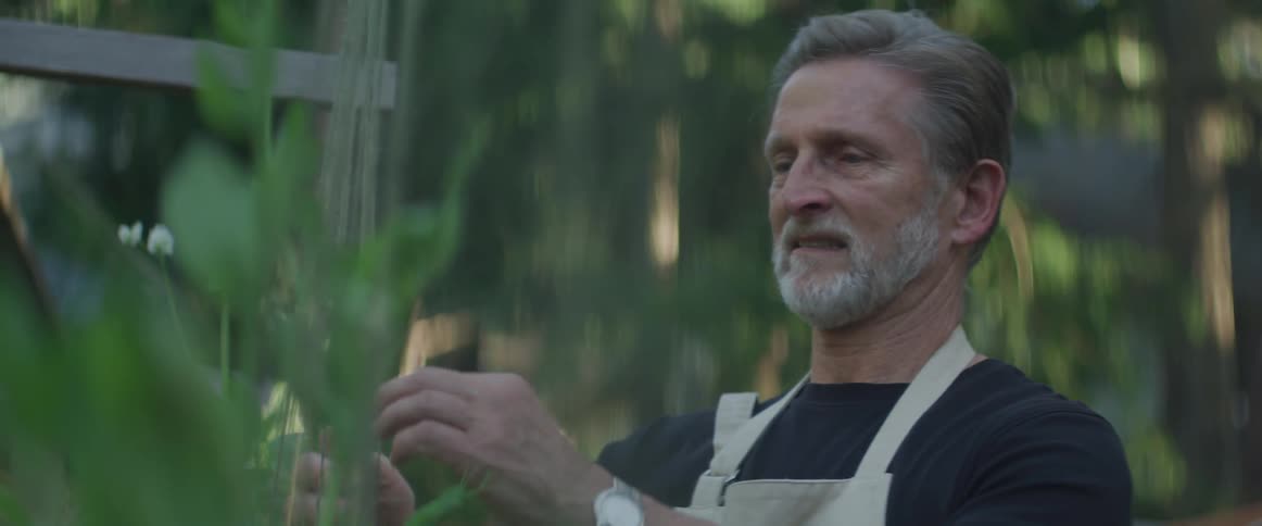 Bearded man tends herb garden