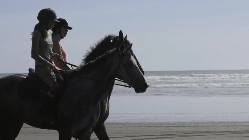 Two women are riding horses by the water on a cloudy sky