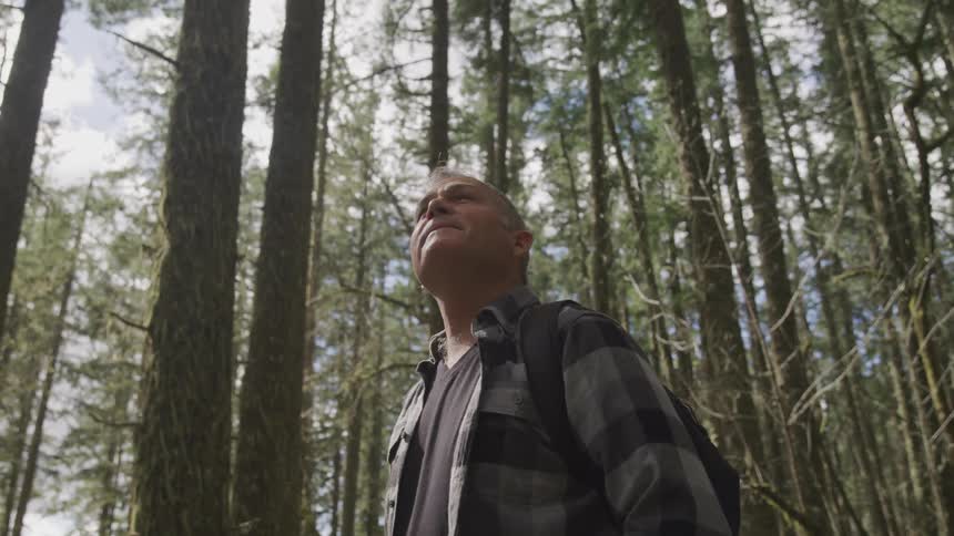 A man is standing outdoors in a forest area