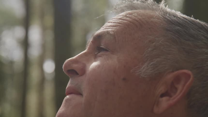Gray haired man looking up at something