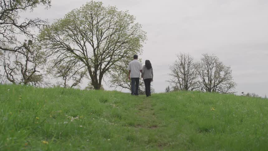 Couple walking in a field