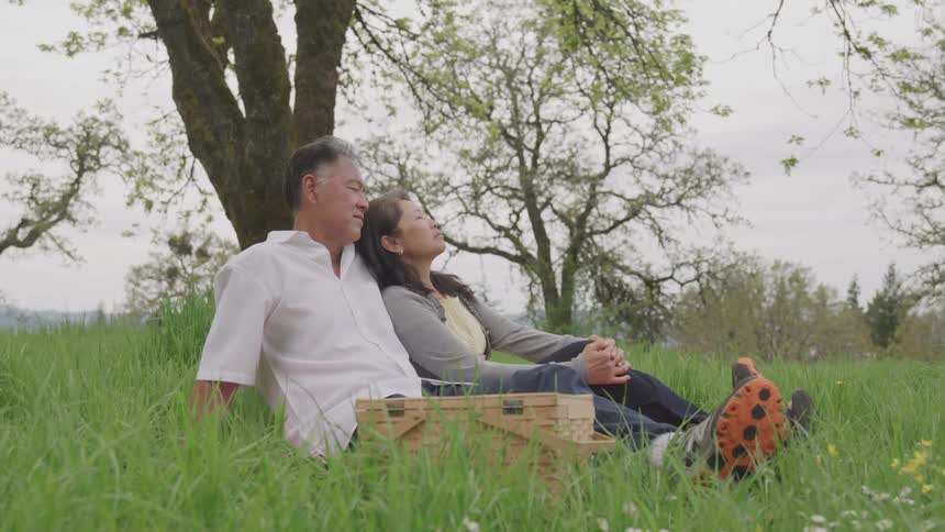 Man and woman sit next to each other in the tall grass near a tree with a picnic basket by the mans side
