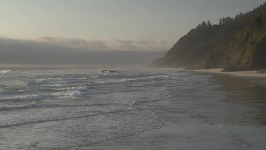 Ocean waves wash ashore a sandy beach