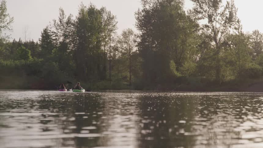 Two people in colorful kayaks float on a slow moving river next to green trees lining the bank