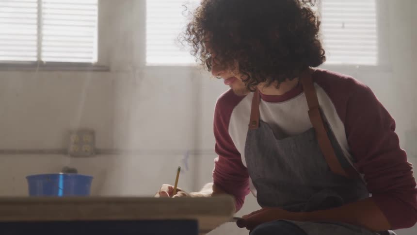 A man sits at a work table sketching with a pencil while sunlight comes through the windows