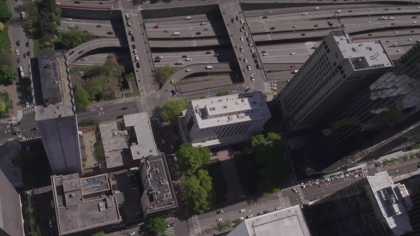 An aerial view of a downtown city