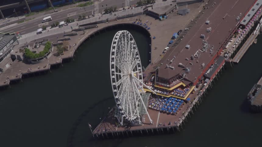 A ferris wheel next to a pier close to the water