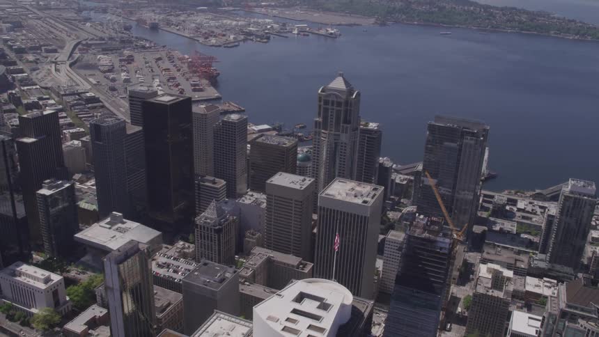 Skyscrapers are seen in a birds eye view of a cityscape next to a bay