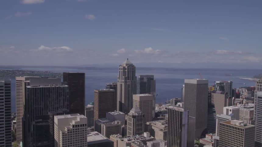 An urban skyline stands before the ocean