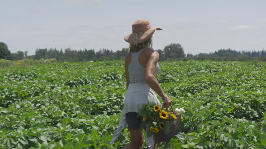 Woman holding a basket of flowers walks across the field on a sunny day