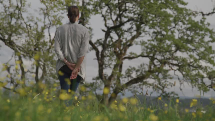 A woman standing in a meadow on a cloudy day