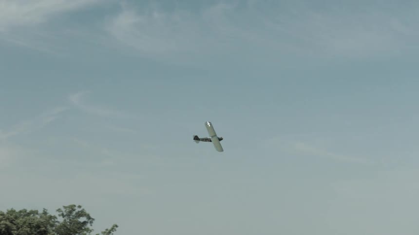 A small plane flies past a tree and bridge