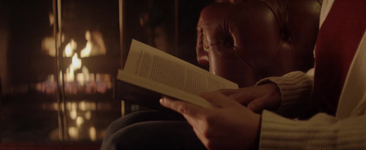 A person sits beside a fire reading a book