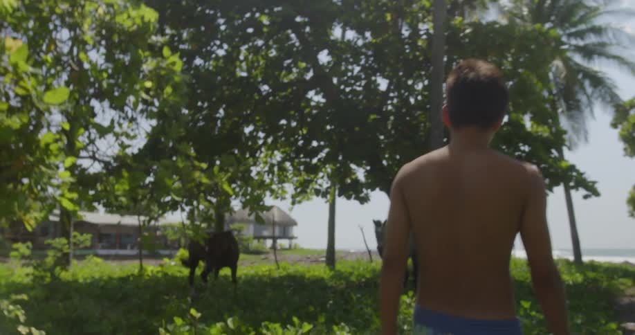 A shirtless male walking through some plants making his way to the sunny beach